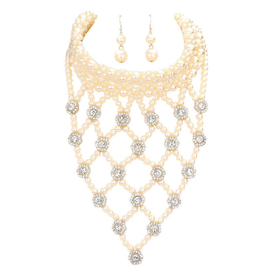Flower Stone Embellished Pearl Statement Necklace