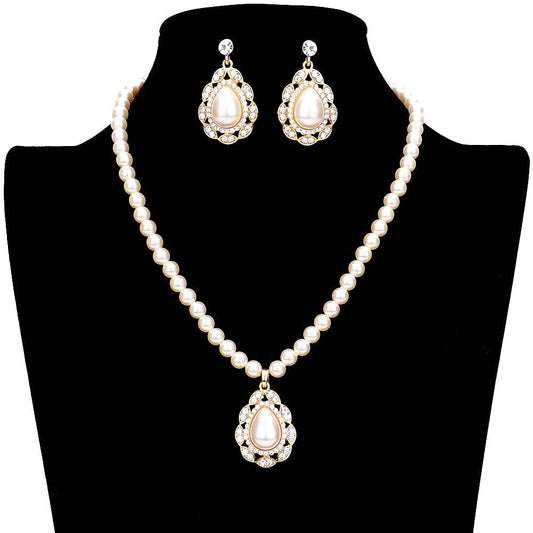 Rhinestone Embellished Teardrop Pearl Accented Necklace