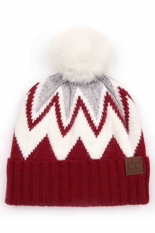 C.C Chevron Knit Beanie With Pom