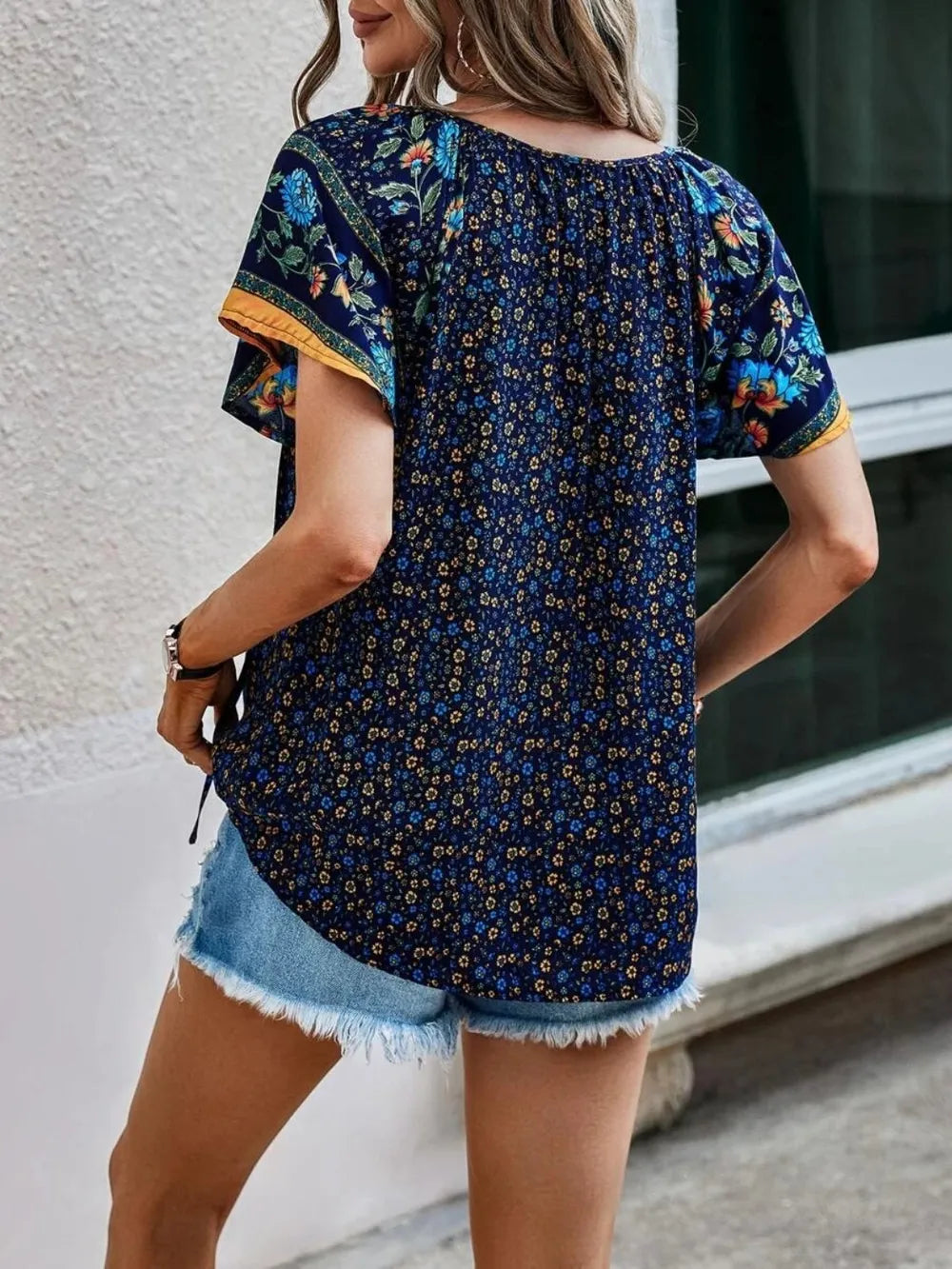 Printed Tie Neck Short Sleeve Blouse – Feminine Everyday Style