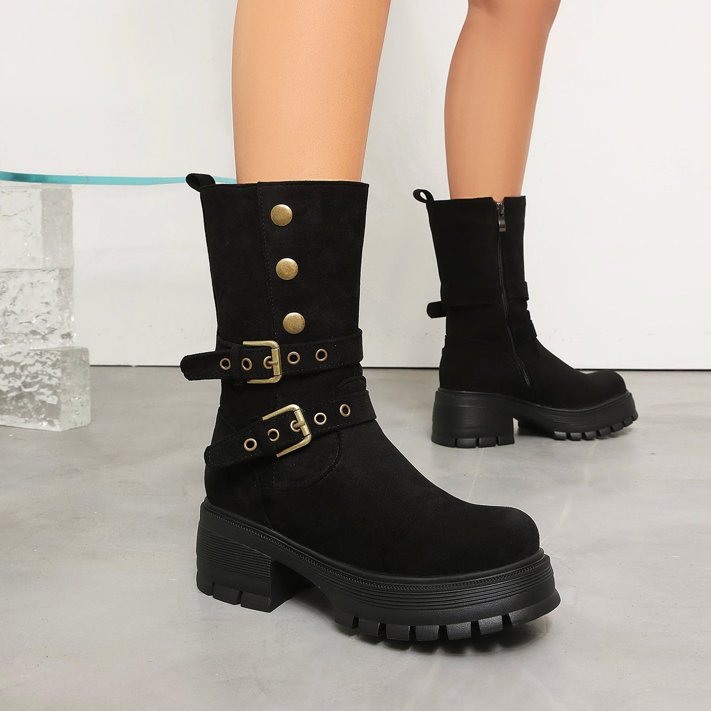 Women's Punk Moto Boots – Dual Buckle Strap Studded Platform Block Heel