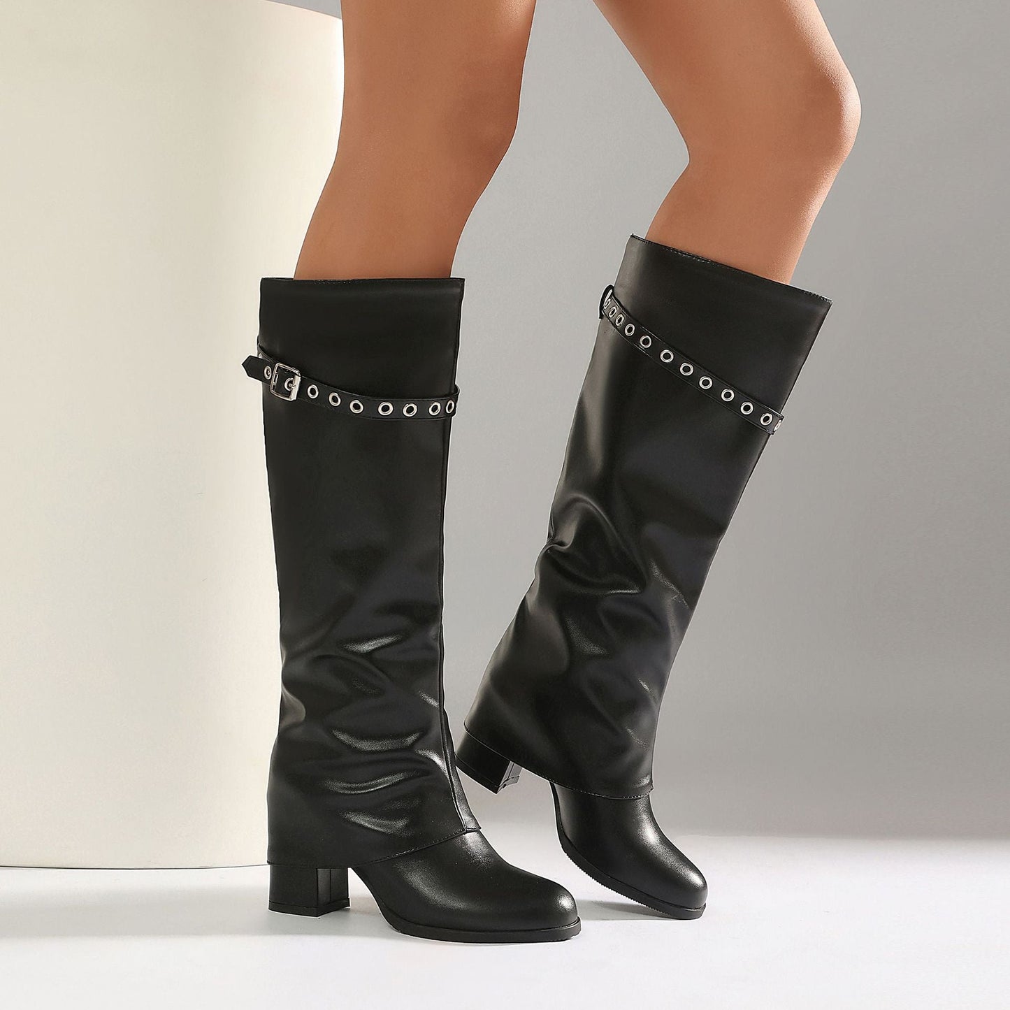 Women's Tall Knee-High Boots – Eyelet Buckle Strap Chunky Heel Slip-On