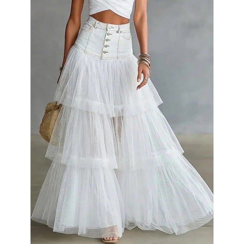 Women's Denim Waist Layered Mesh Maxi Skirt – A-Line Tulle Swing Skirt