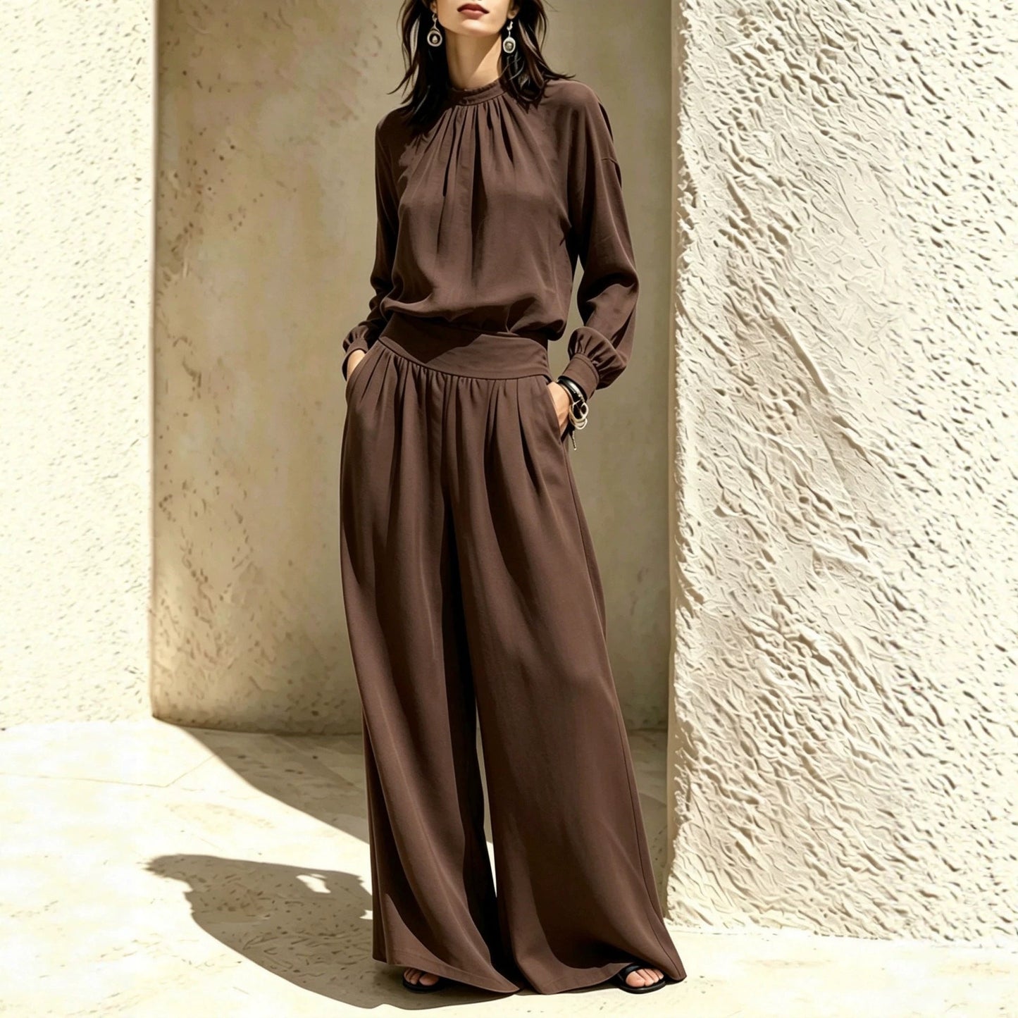 Women's Stand-Up Collar Puff Sleeve Blouse & Wide-Leg Pants Set