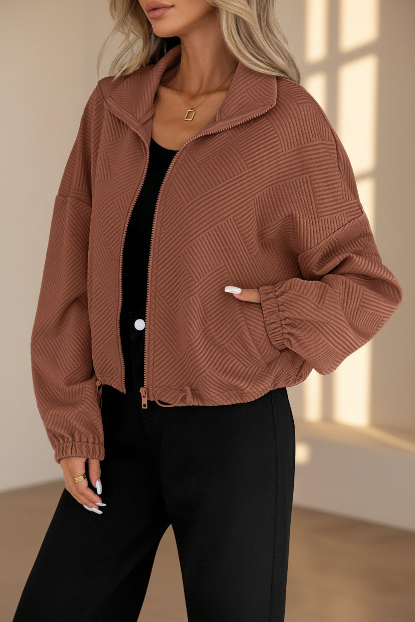 Women's Oversized Zip-Up Jacket with Pockets – High Neck Textured Coat