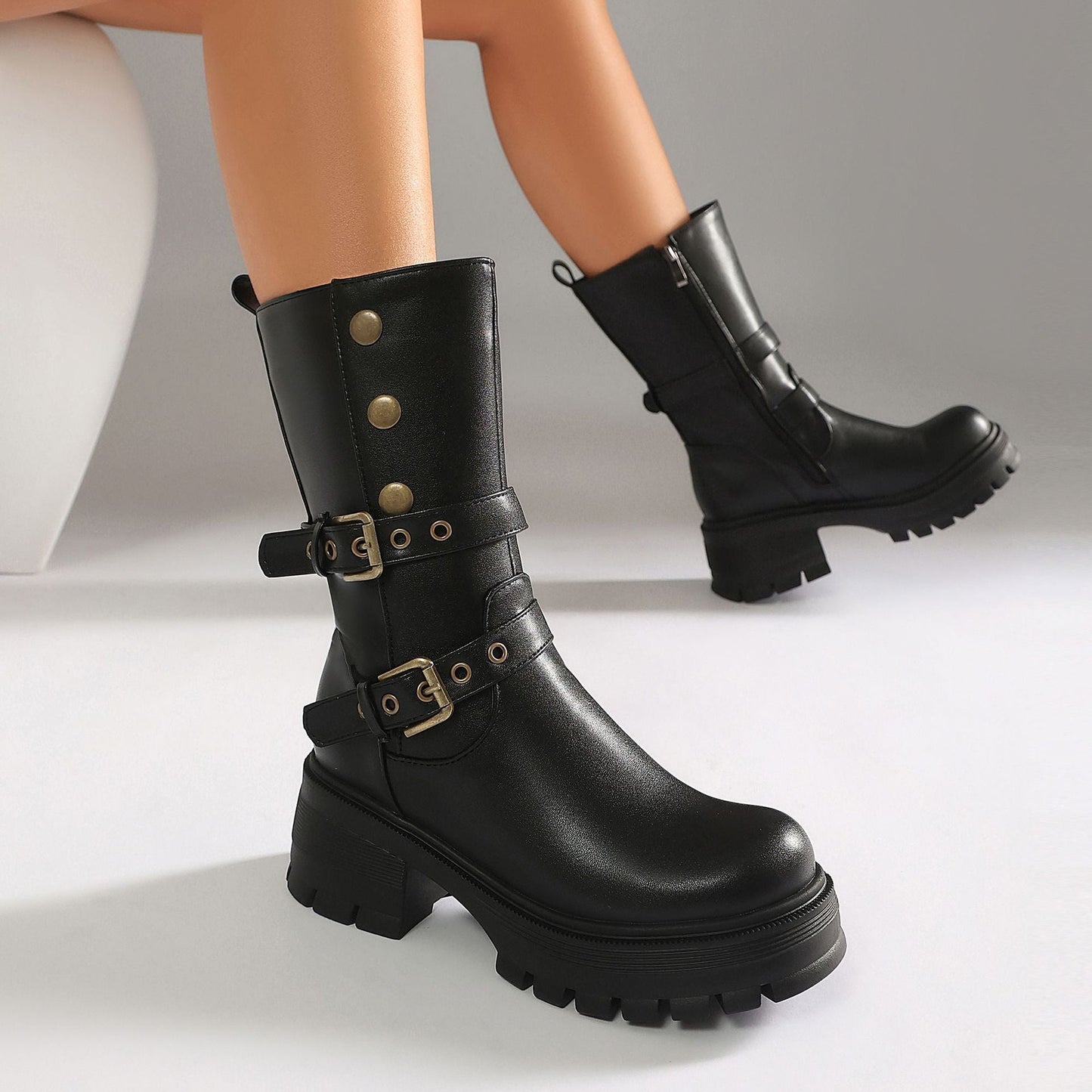 Women's Punk Moto Boots – Dual Buckle Strap Studded Platform Block Heel