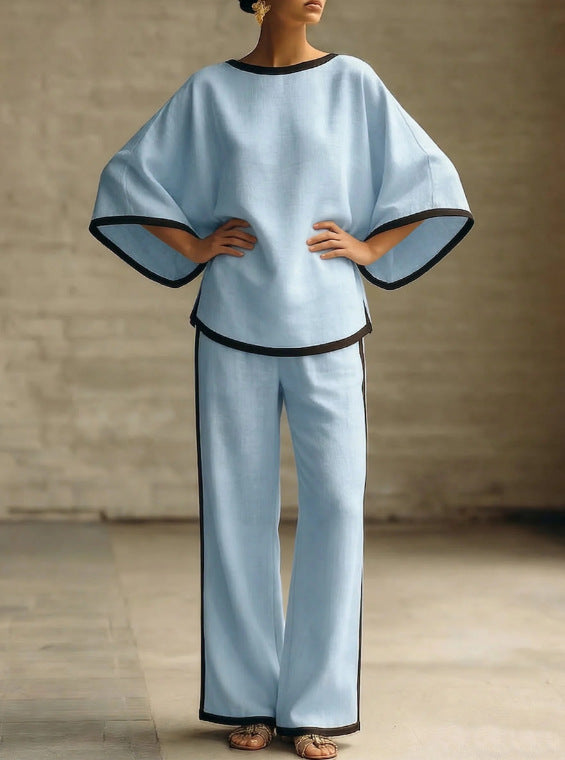 Loose Bat Sleeve Two-Piece Set – Round Neck Top & Wide Leg Pants