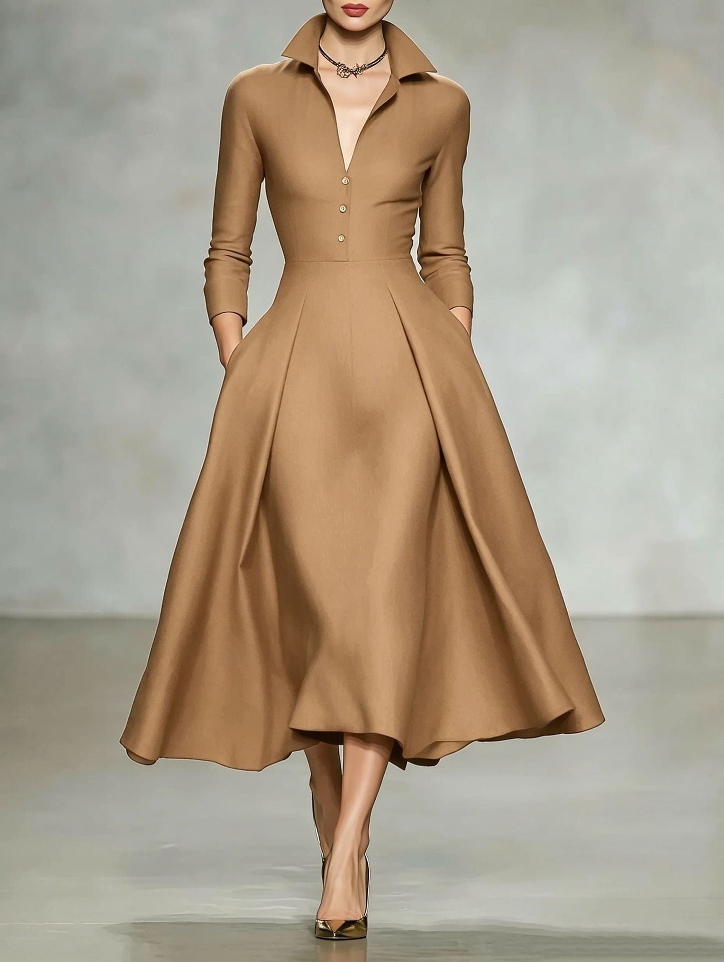 V-Neck Waist-Cinching Long Sleeve Midi Dress
