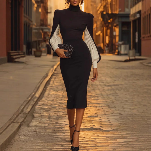 Elegant High Neck Color Block Sheath Dress with Side Slit