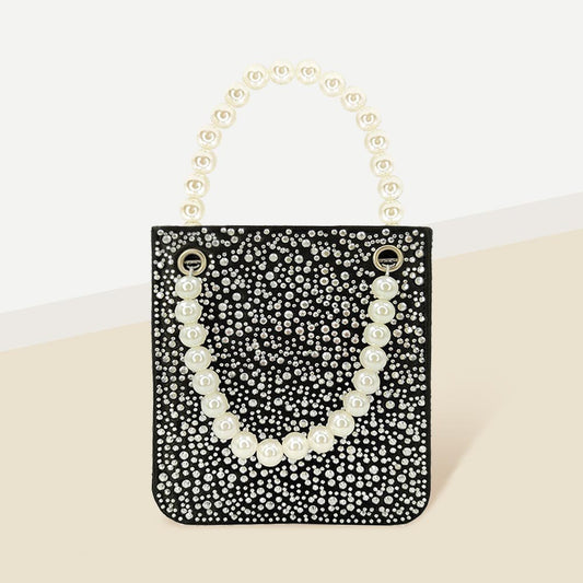 Bling Rectangle Pearl Handle Evening Tote / Crossbody Bag