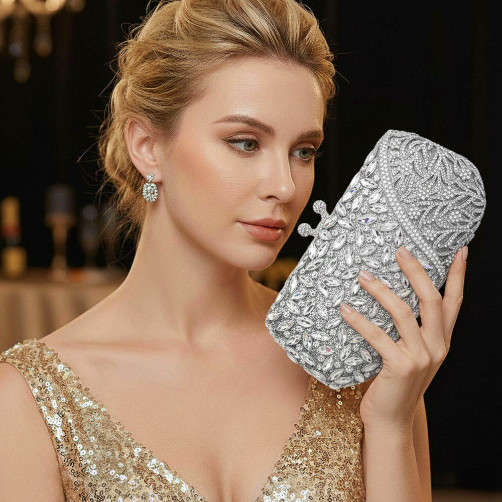 Floral Leaf Crystal Frame Evening Clutch Shoulder Bag