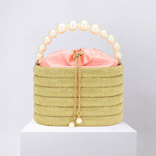 Bling Pearl Top Handle Drawstring Box Crossbody Bag