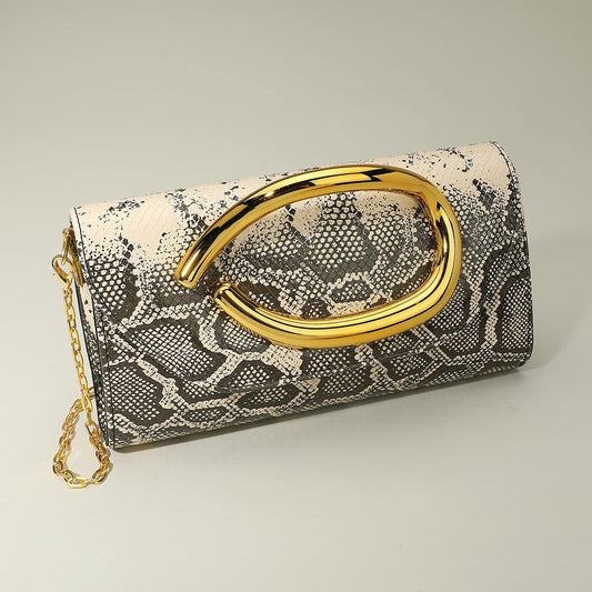 Bold Hardware Accent Snake Pattern Faux Leather Evening Clutch Bag Crossbody Bag