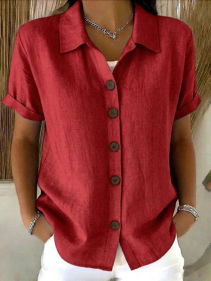 Shirt Collar Short Sleeve Button Top – Loose Fit Cotton-Linen Casual