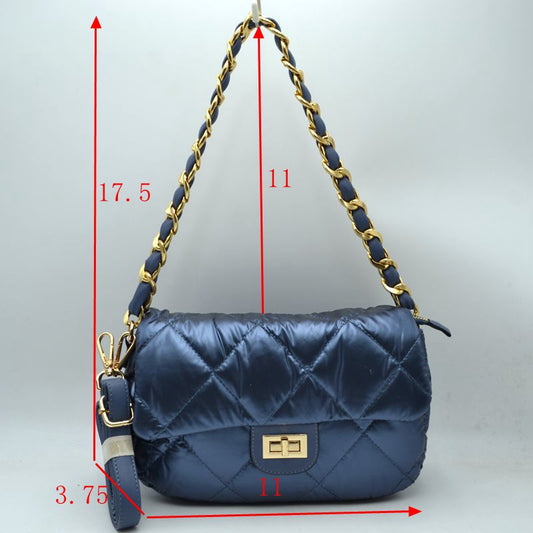 Quilted Metallic Puffer Shoulder Bag with Woven Chain Strap