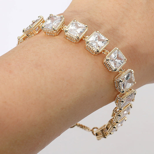 14K Gold Plated CZ Emerald Cut Stone Cluster Link Evening Toggle Bracelet