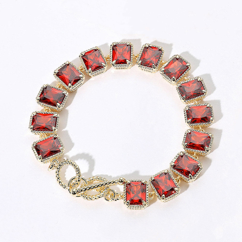 14K Gold Plated CZ Emerald Cut Stone Cluster Link Evening Toggle Bracelet