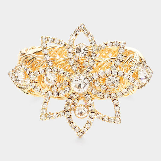 Round Stone Pointed Rhinestone Paved Flower Adjustable Evening Bracelet / Arm Cuff
