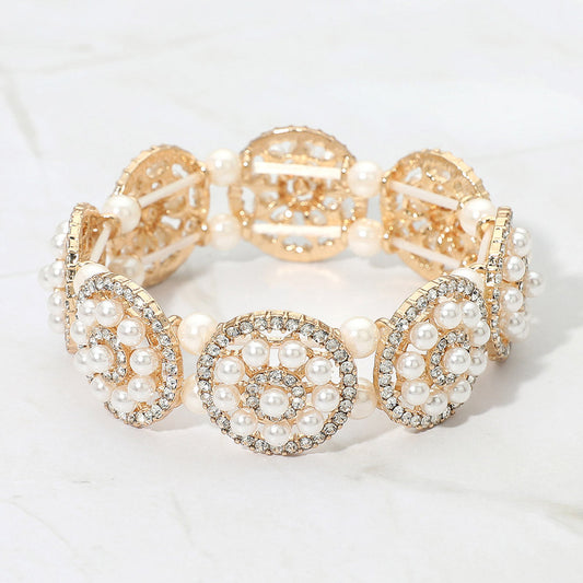 Pearl Floral Beaded Stretch Evening Bracelet