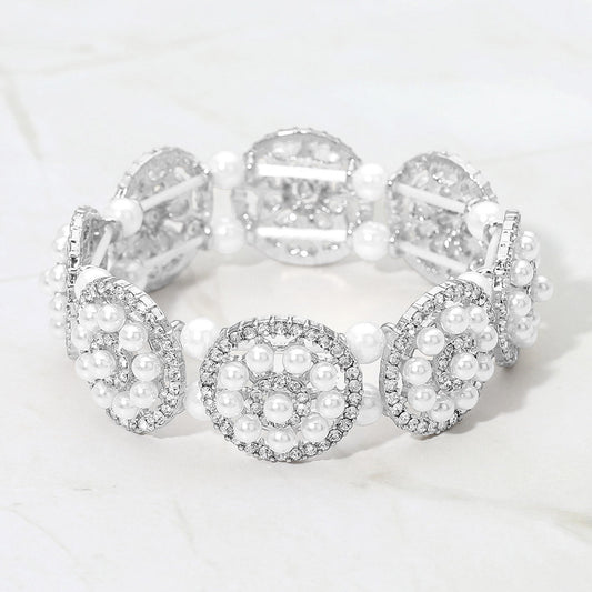 Pearl Floral Beaded Stretch Evening Bracelet