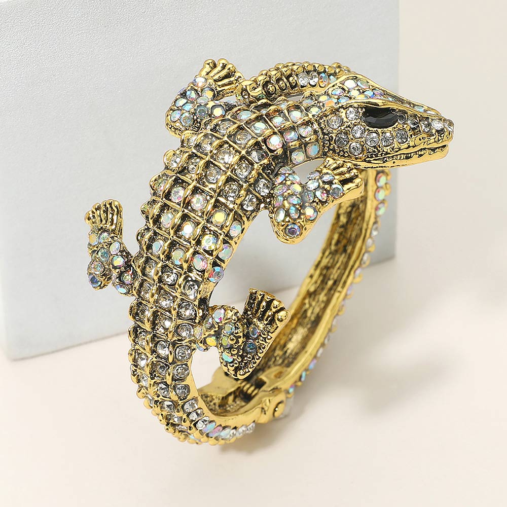 Crystal Rhinestone Crocodile/Alligator Embellished Evening Hinged Cuff Bracelet