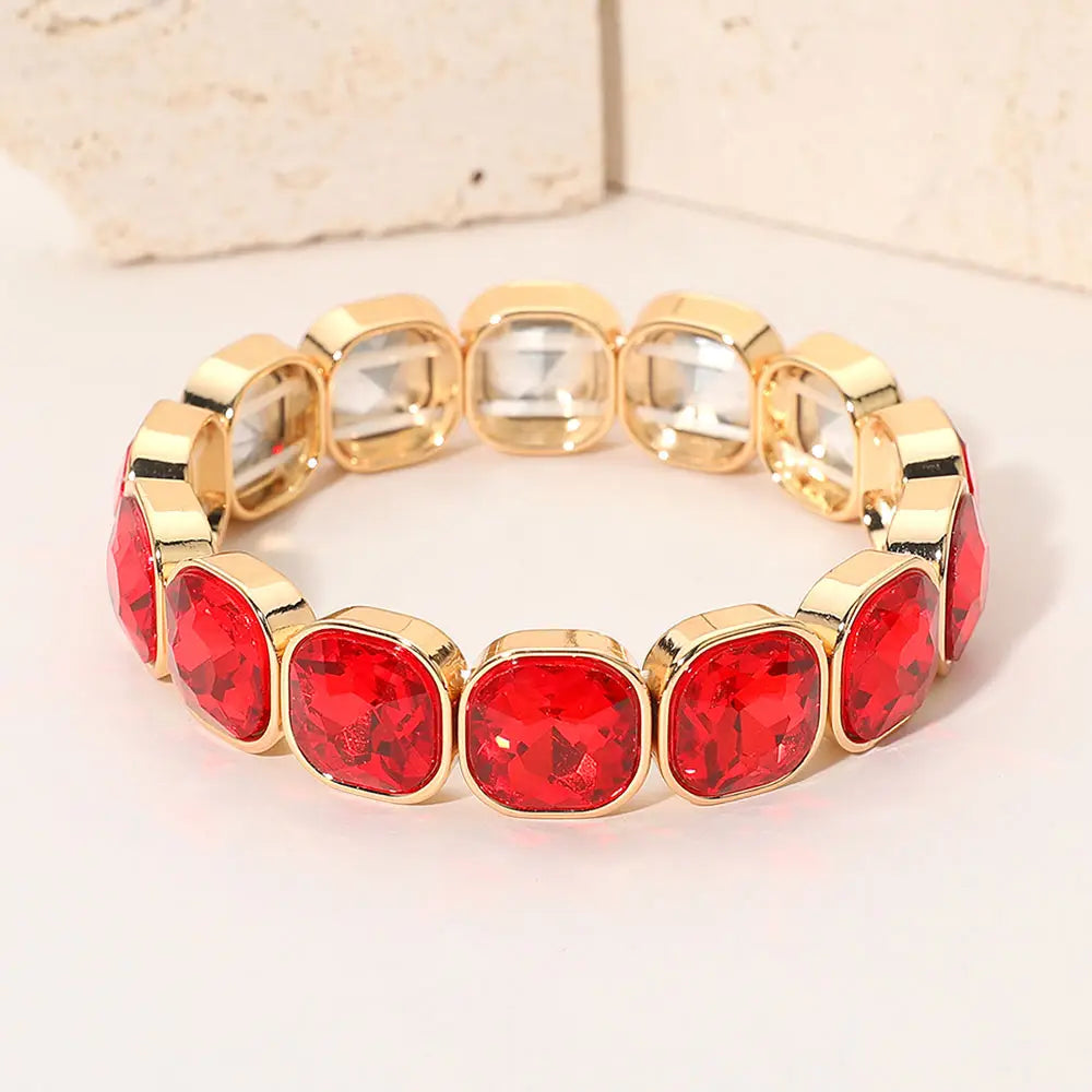 Square Cut Gem Beaded Stretch Evening Bracelet