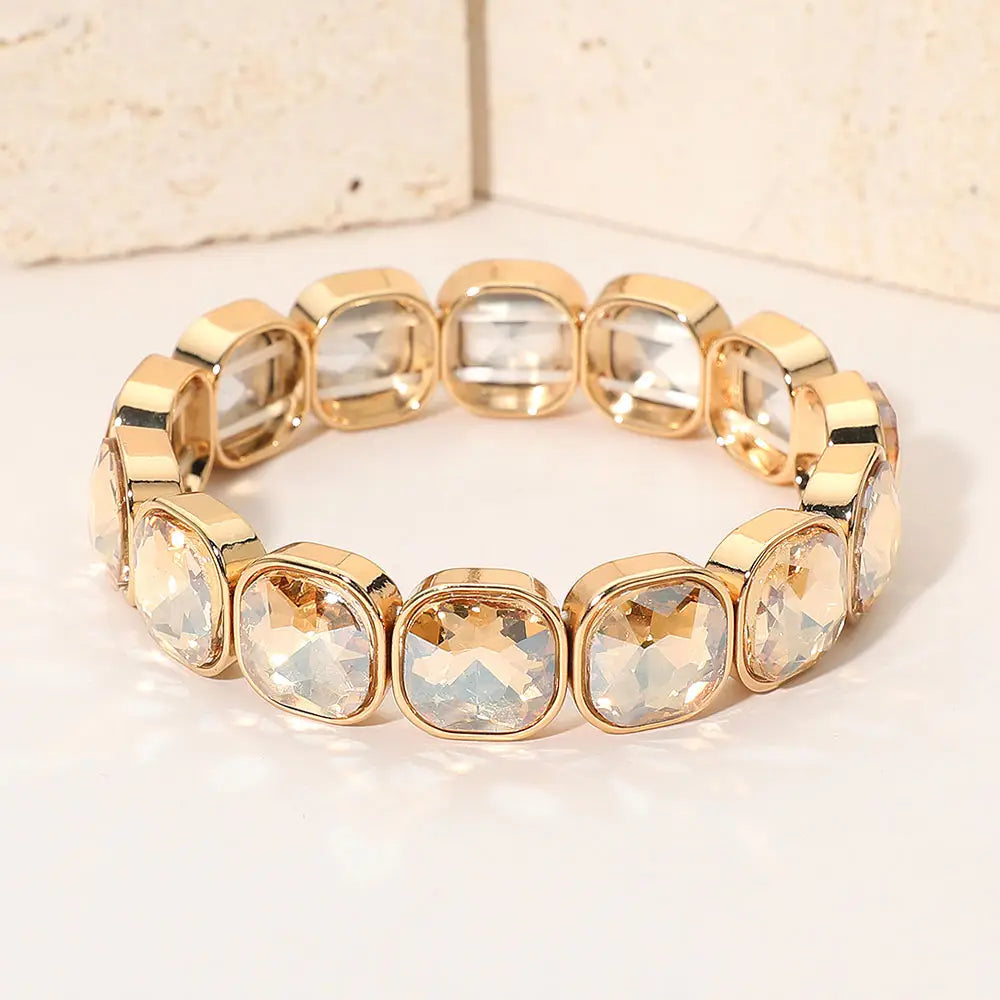 Square Cut Gem Beaded Stretch Evening Bracelet