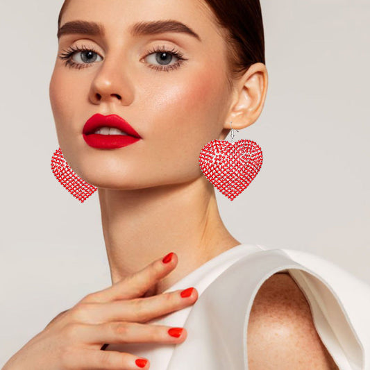 Rhinestone Heart Dangle Evening Earrings