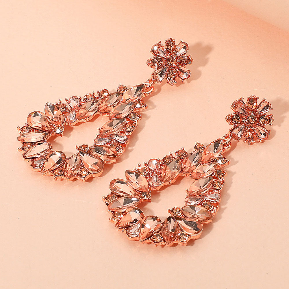 Floral Marquise Teardrop Stone Cluster Accent Dangle Evening Earrings