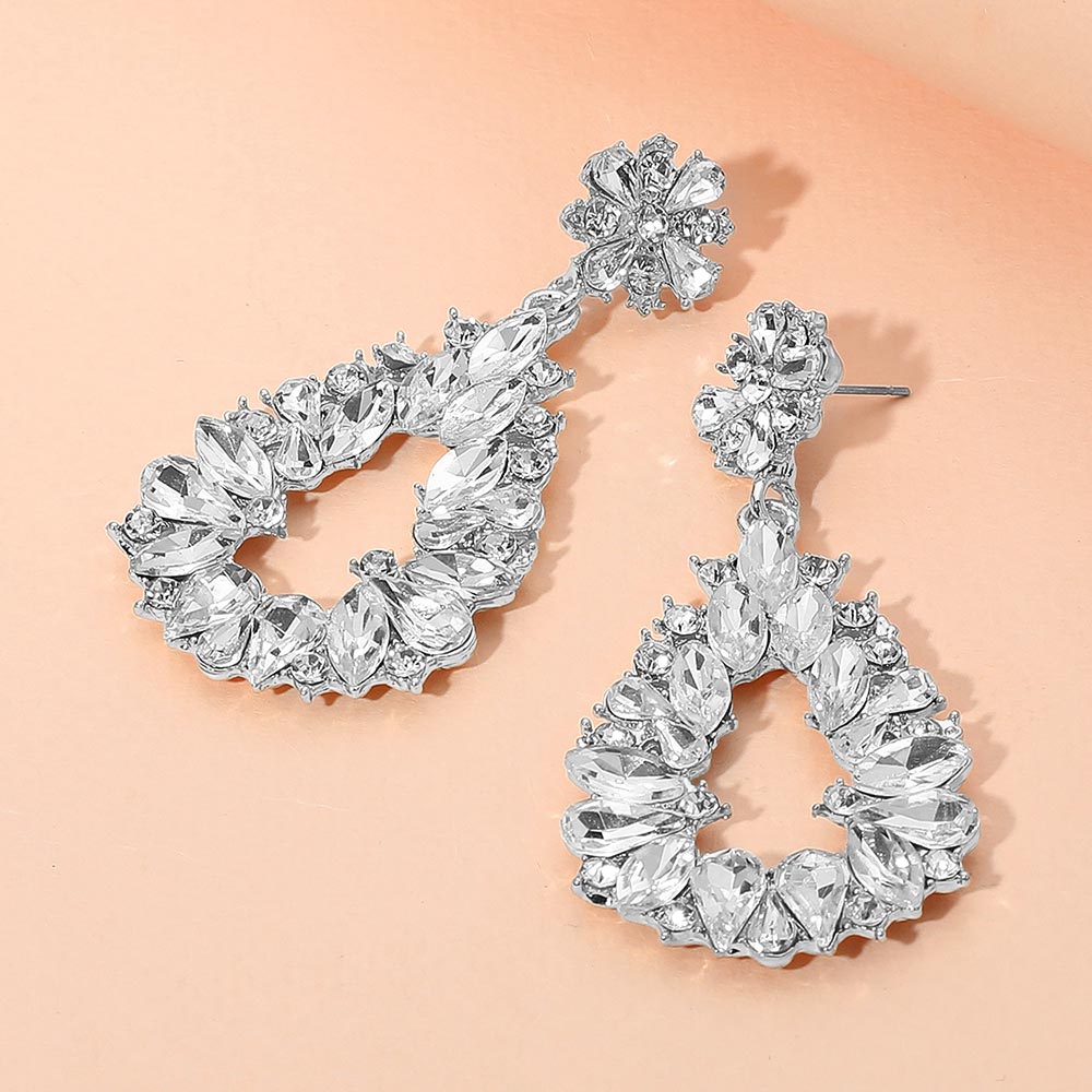 Floral Marquise Teardrop Stone Cluster Accent Dangle Evening Earrings