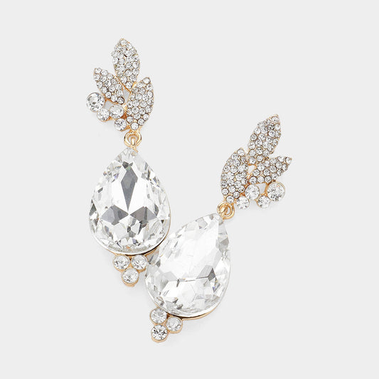 Rhinestone Pave Leaf Crystal Teardrop Evening Earrings