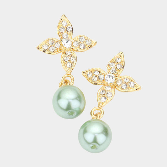 Elegant Floral Motif Crystal Pearl Drop Earrings