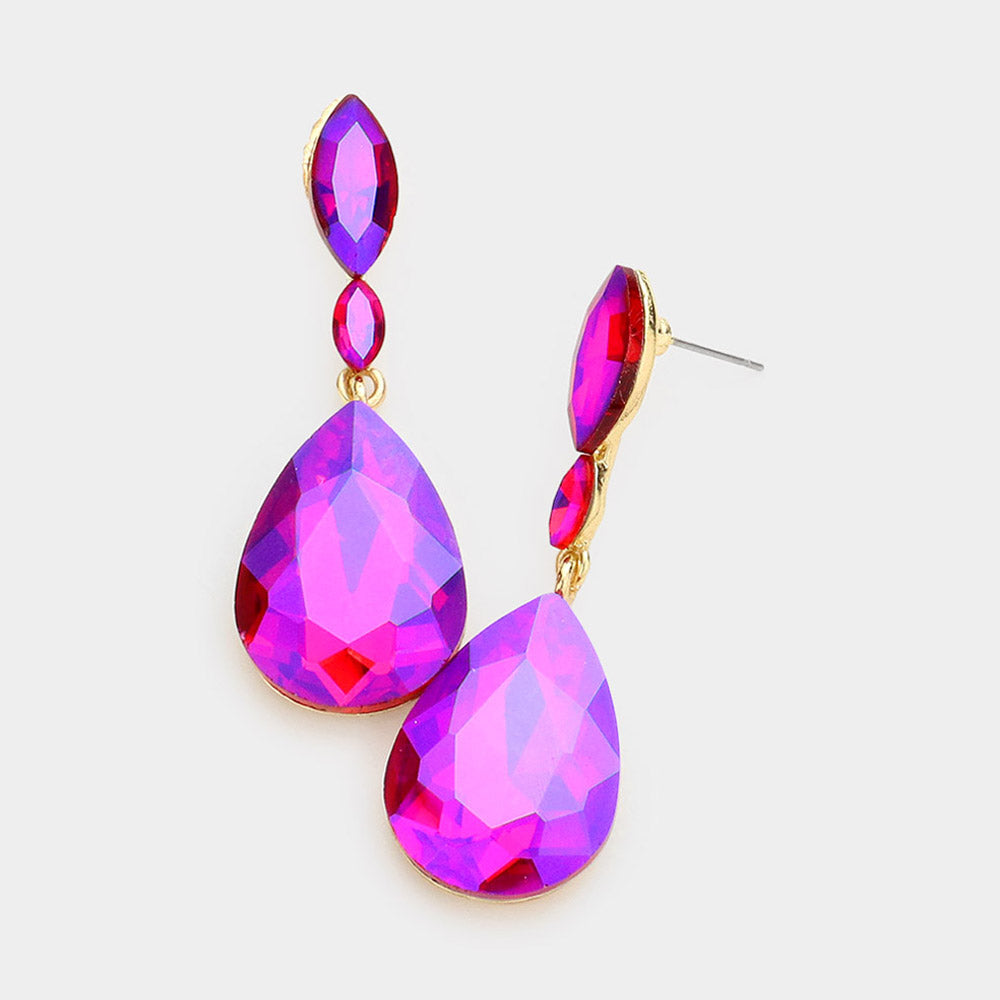 Double Marquise Stone Teardrop Link Dangle Evening Earrings