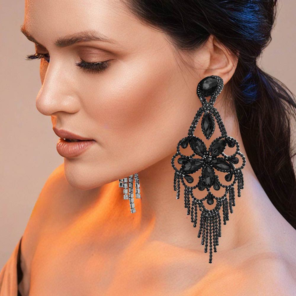 Marquise Stone Flower Accented Chandelier Evening Earrings