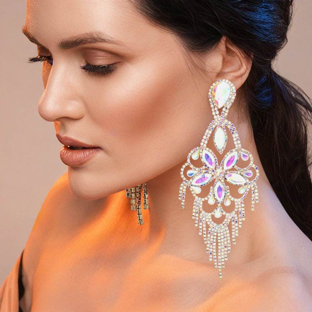 Marquise Stone Flower Accented Chandelier Evening Earrings