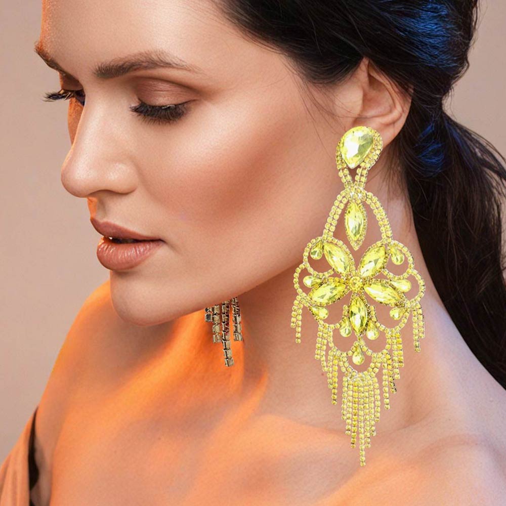 Marquise Stone Flower Accented Chandelier Evening Earrings