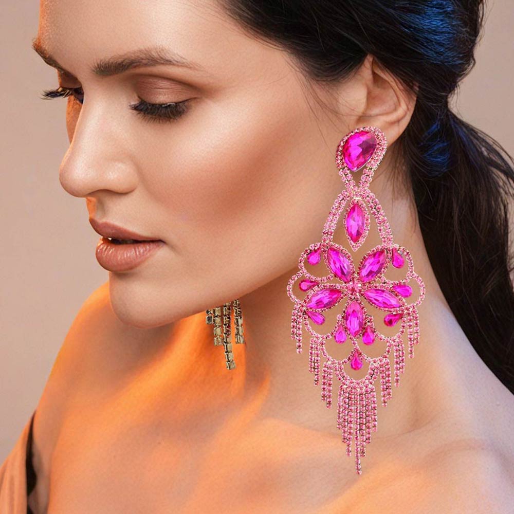 Marquise Stone Flower Accented Chandelier Evening Earrings