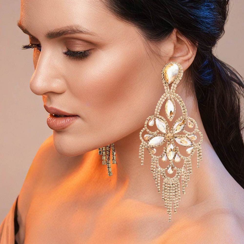 Marquise Stone Flower Accented Chandelier Evening Earrings