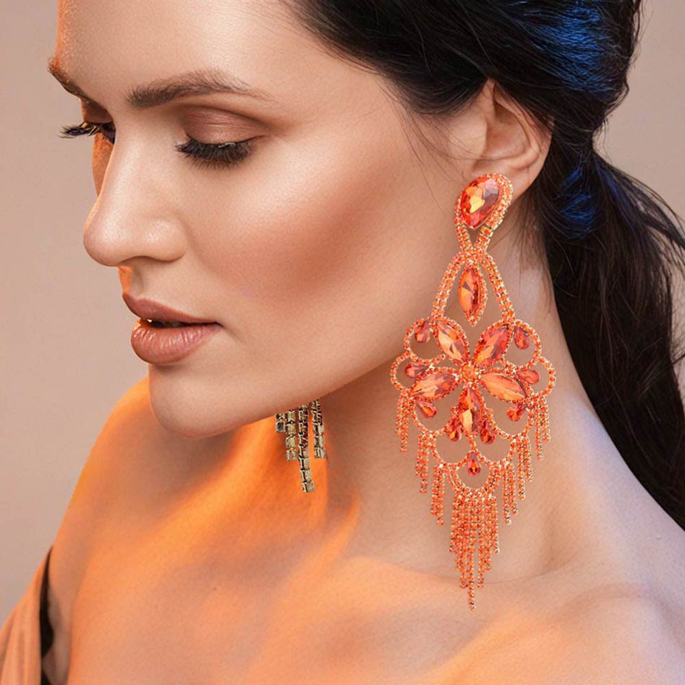 Marquise Stone Flower Accented Chandelier Evening Earrings