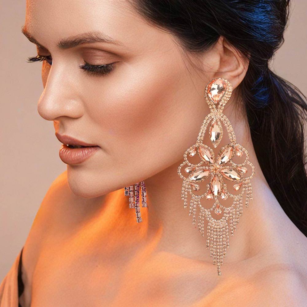 Marquise Stone Flower Accented Chandelier Evening Earrings