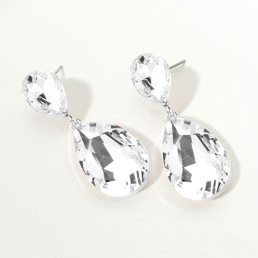 Glass crystal double teardrop evening earrings
