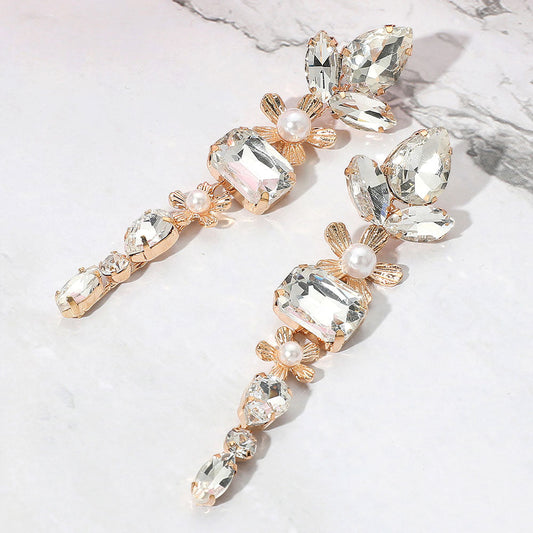 Pearl Accent Elegant Stone Cluster Drop Evening Earrings