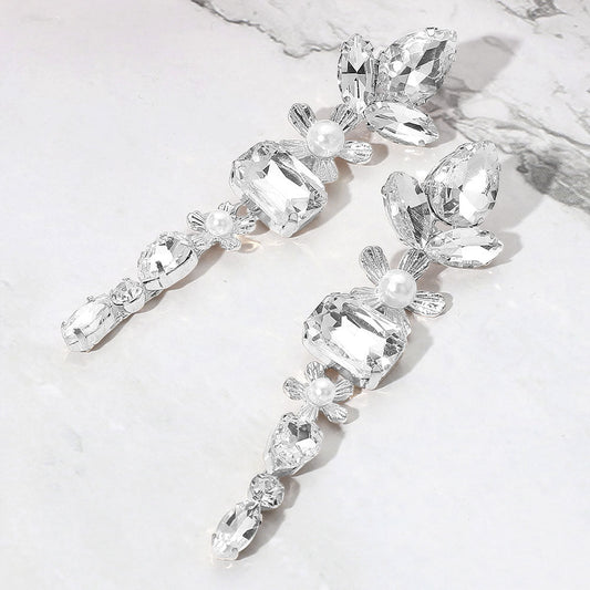 Pearl Accent Elegant Stone Cluster Drop Evening Earrings