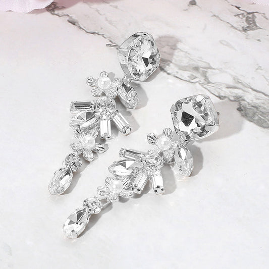Pearl Accented Flower Stone Cluster Drop Evening Earrings