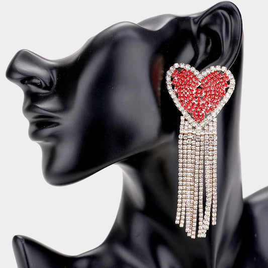 Rhinestone Heart Accented Fringe Evening Earrings
