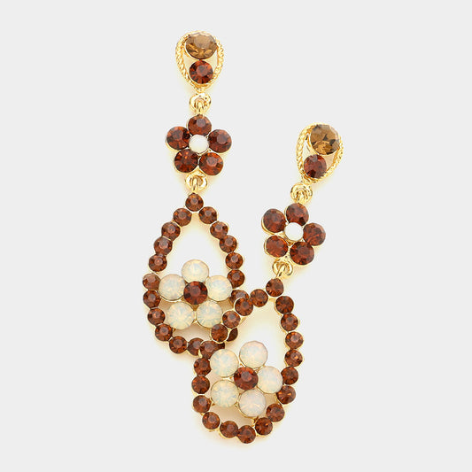 Round Rhinestone Flower Dangle Drop Evening Earrings