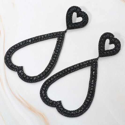 Bold Rhinestone Studded Open Heart Drop Dangle Statement Evening Earrings