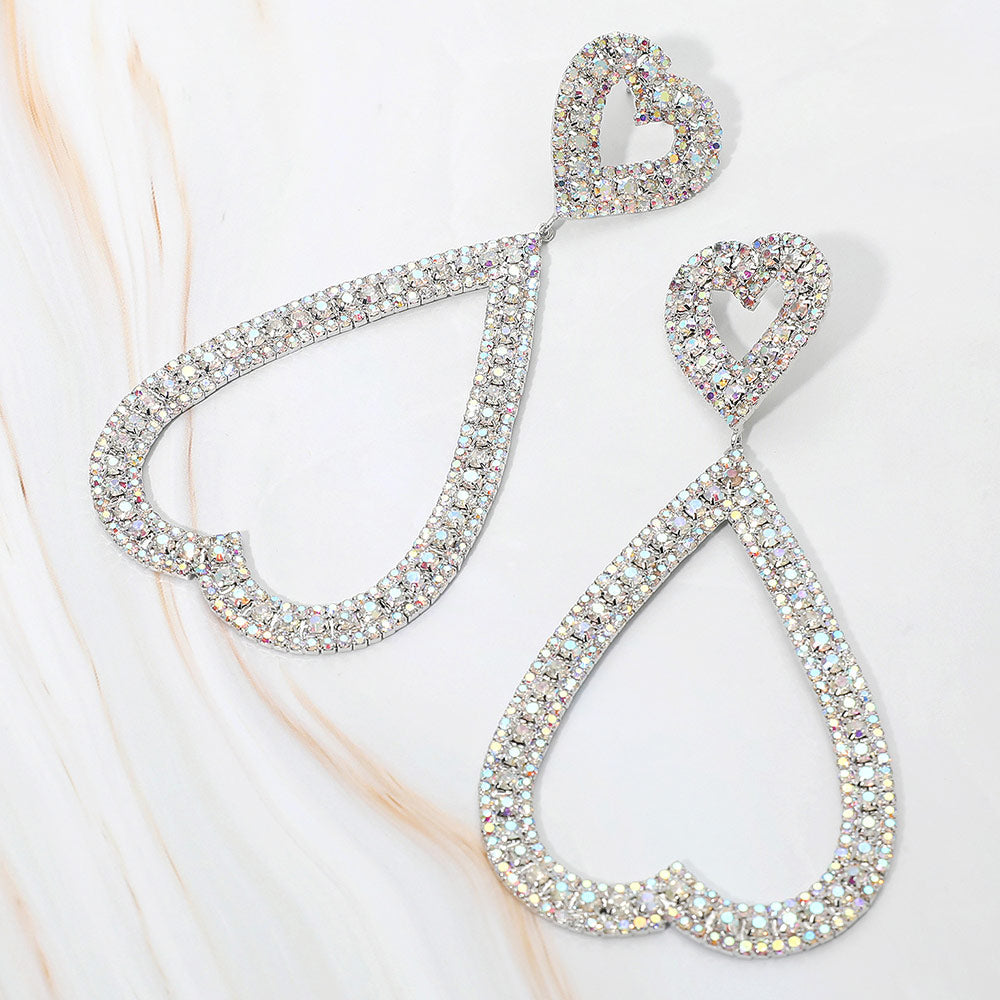 Bold Rhinestone Studded Open Heart Drop Dangle Statement Evening Earrings