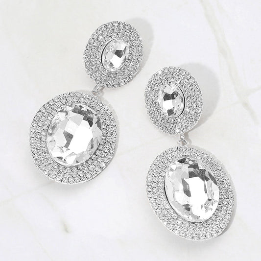 Bold Double Oval Pave Halo Link Drop Evening Earrings