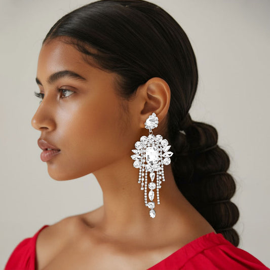 Stone Cluster Chandelier Fringe Drop Evening Statement Earrings